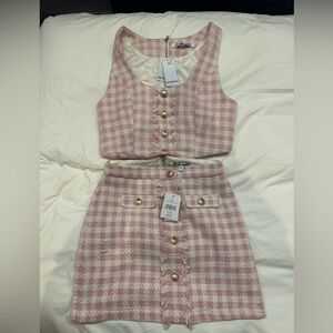 Walter Baker Pink and White Tweed Skirt Set with Gold Buttons